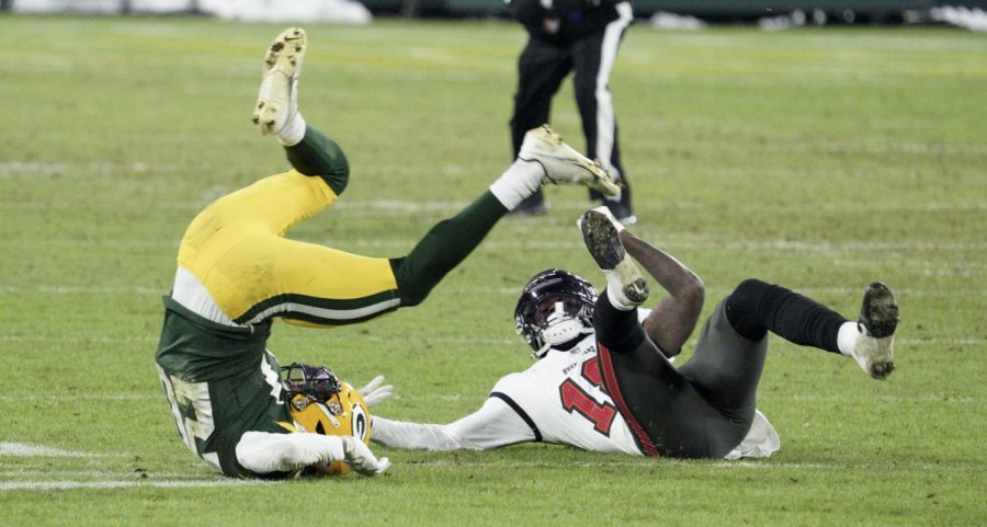 Green Bay Packers cornerback Kevin King (20) was called for pass interference on a pass to Tampa Bay Buccaneers wide receiver Tyler Johnson (18) late in the 4th quarter. This gave the Buccaneers a first down with under two minutes to play. The Green Bay Packers hosted the Tampa Bay Buccaneers Sunday, Jan.24, 2021 in The NFC Championship at Lambeau Field in Green Bay. 