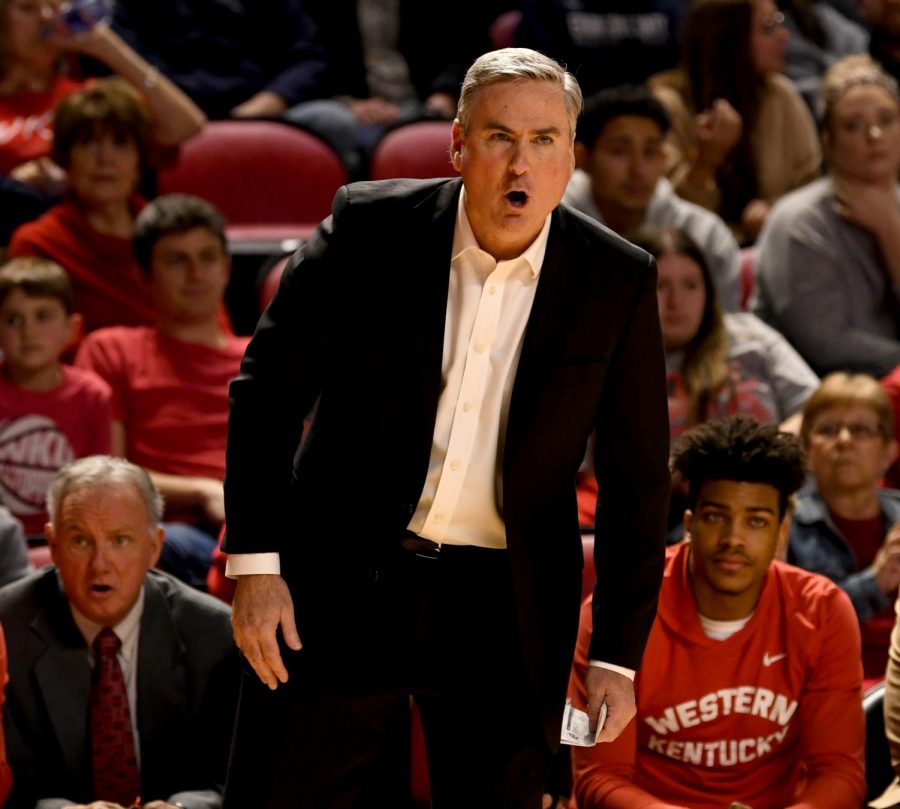 WKU’s head coach Rick Stansbury yells during the Charlotte v WKU basketball game on Feb 22, 2020 in Diddle Arena. The Hilltoppers were defeated 72-20.