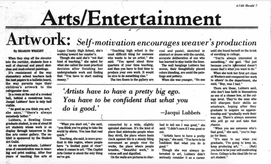 An article printed in the April 7, 1983 edition of the College Heights Herald in which Lubbers talks about her passion for art. (Source)