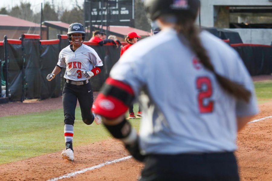 WKU short stop TJ Webster runs down the 3rd baseline to score the 11th run of the game. WKU defeated ISU 12-1 in the championship round of the spring fling tournament on March 1, 2020 at WKU Softball Complex.