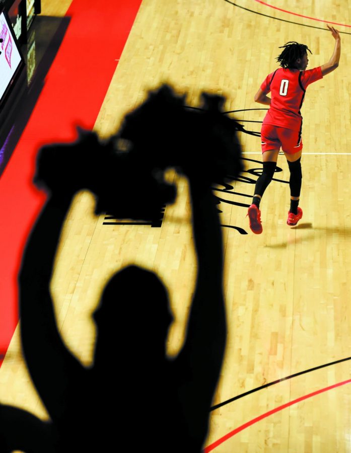 WKU guard Myriah Haywood is cheered on after a three-point shot in the Lady Toppers’ Feb. 6 game against Florida Atlantic University. At halftime, WKU was down 42-30 against FAU.