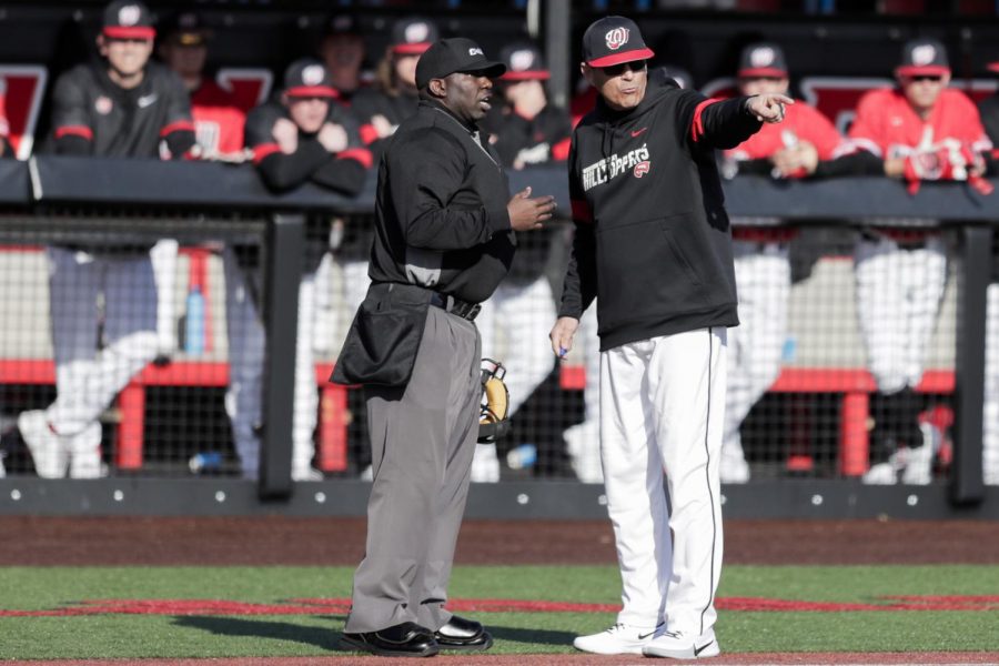 Head+baseball+coach+John+Pawlowski+argues+with+an+umpire+during+the+game+against+Wright+State+on+February+22%2C+2020+at+Nick+Denes+field.+WKU+won+7-2.