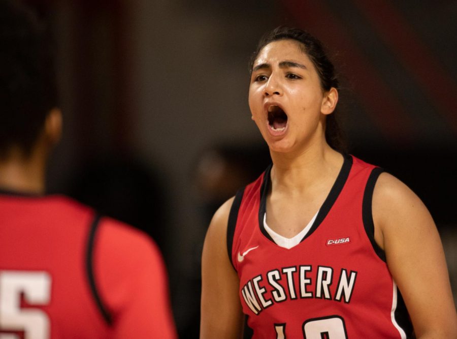 Western Kentucky University Lady Toppers Meral Abdelgawad (40) yells out “lets go!” following a big play against Charlotte on Jan. 30, 2021. 