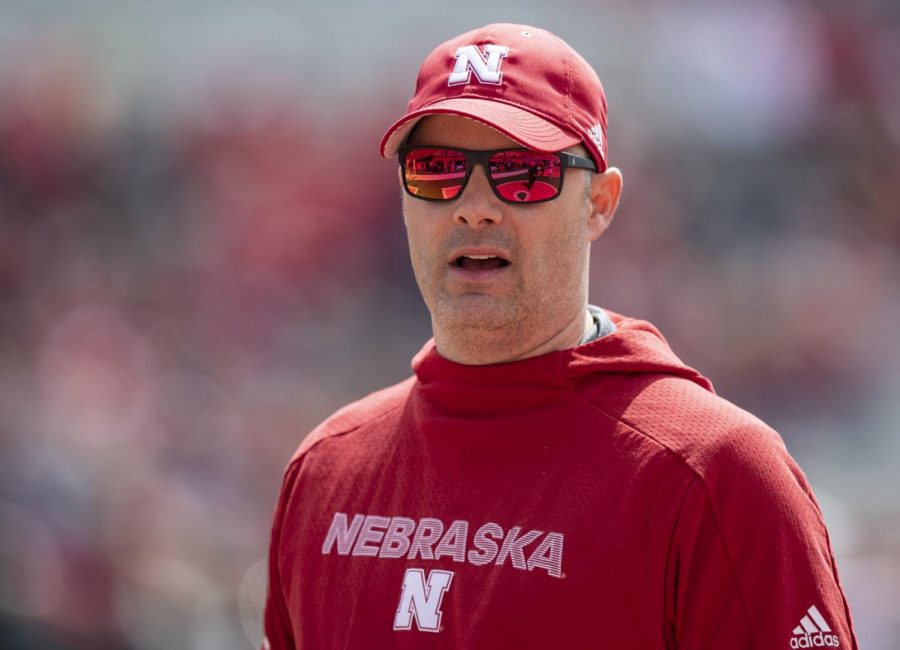 Nebraska running backs coach Ryan Held watches action during the Red-White Spring Game in April of 2019 at Memorial Stadium.