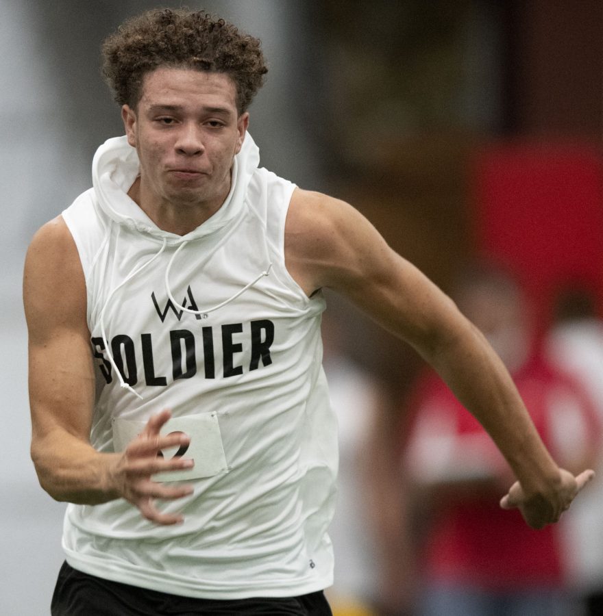 Bellevue Wests Kaden Helms runs in the 40-yard dash during the Warren Academy’s Top Prospects Showcase at the Omaha Sports Complex on July 25, 2020, in Omaha.