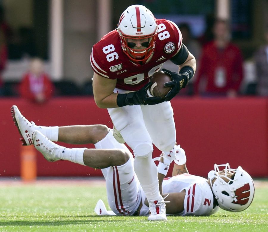 Nebraska+tight+end+Jack+Stoll+%2886%29+runs+with+the+ball+after+escaping+a+tackle+attempt+from+Wisconsins+safety+Reggie+Pearson+%282%29+at+Memorial+Stadium+in+2019.