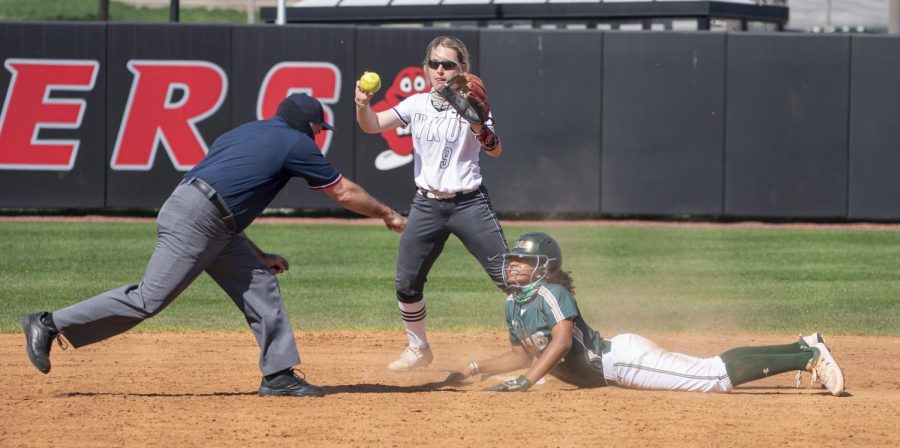 WKU utility player, Jordan Ridge (9) makes the final out of the 6th inning during the game against UAB on Sunday, March 21, 2021.