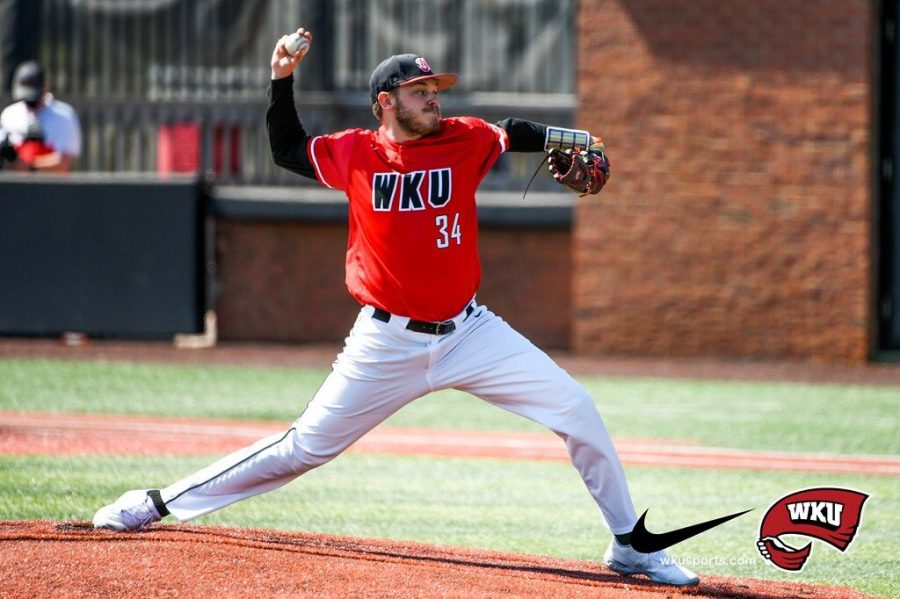 Junior Aristotle Peter pitching against Valparaiso on March 21, 2021 in Nick Denes Field. WKU went on to win 11-1 over the Crusaders to improve to 10-9 on the season.