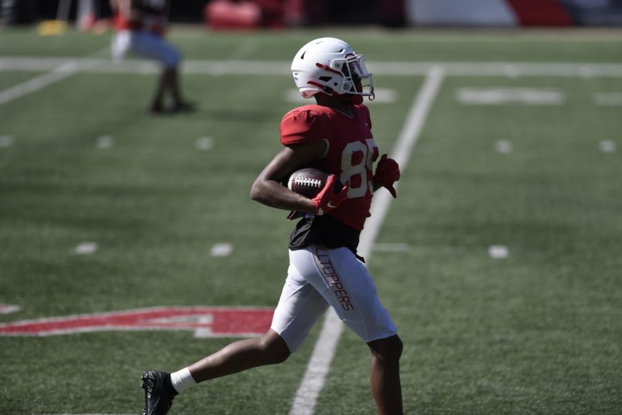 Redshirt sophomore wideout Terez Traynor running across Feix field during spring practice on March 20, 2021. 