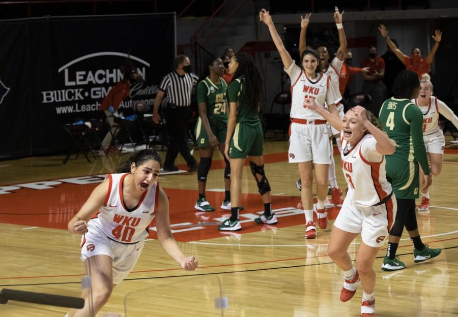 Lady Topper Meral Abdelgawad (40) celebrates her game winning shot against the Charlotte 49ers in WKU’s first ever triple overtime with a final score of 100-99 on Jan. 29, 2021. 