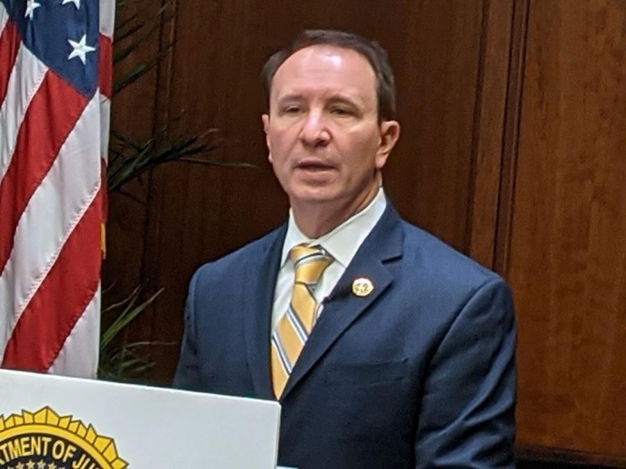 Louisiana Attorney General Jeff Landry holds a news conference Thursday, March 4, 2021.