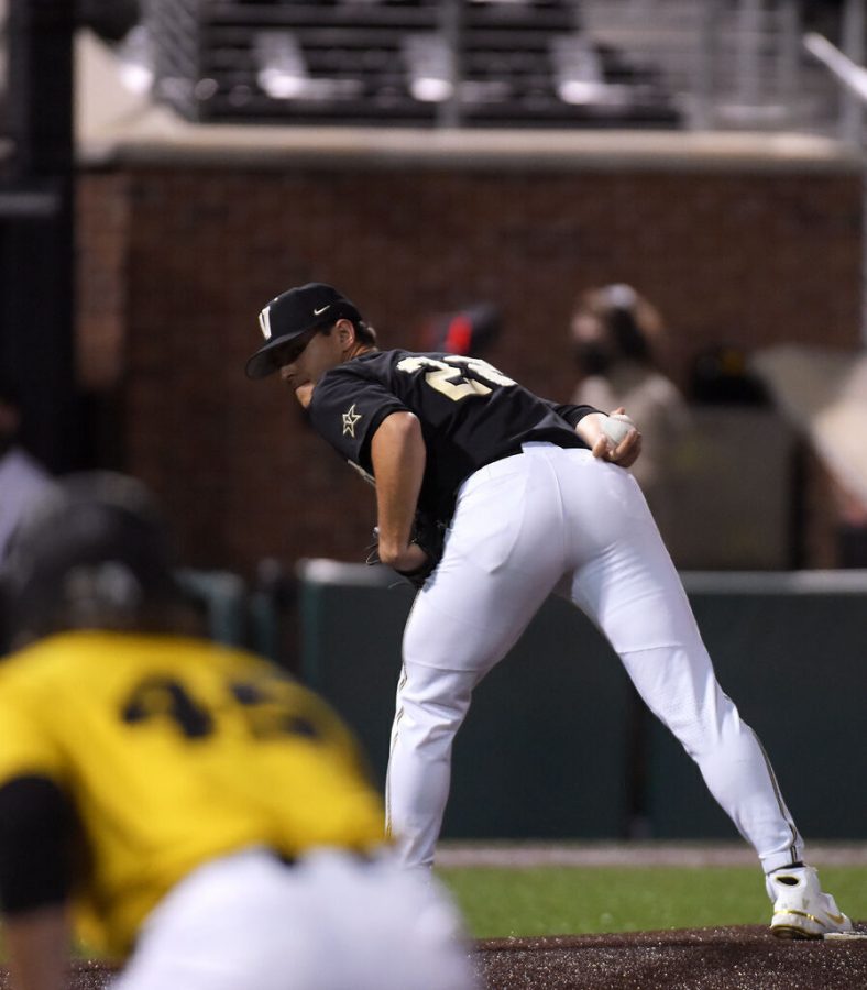 Vanderbilt starting pitcher Jack Leiter looks over at the runner on first base Friday at Taylor Stadium in Columbia. Leiter had 10 strikeouts and no hits in seven innings.