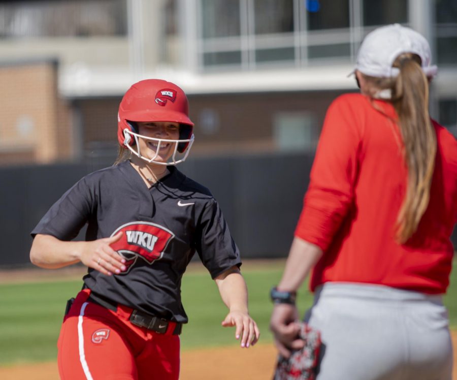 WKU+infielder%2C+Taylor+Sanders+%2815%29+rounding+third+base+after+hitting+a+homerun+during+a+game+against+UAB+Saturday%2C+March+20%2C+2021.