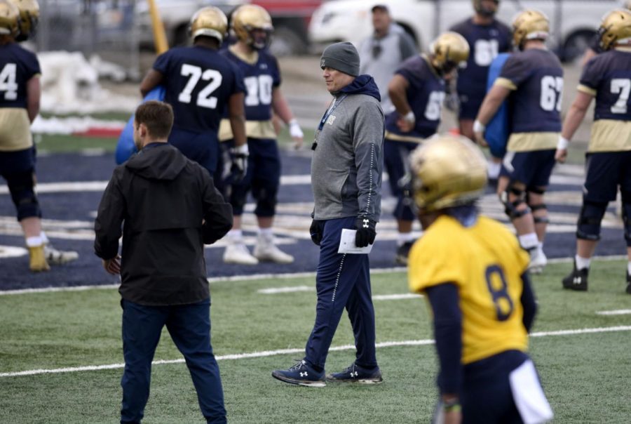 Montana State head coach Brent Vigen oversees the first day of spring practice March 23 at Bobcat Stadium.