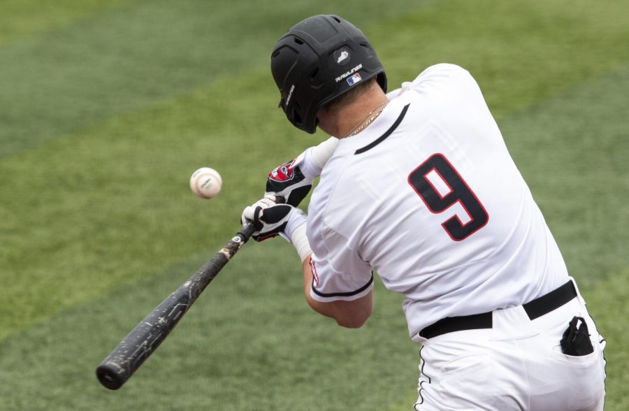 WKU infielder Jack Wilson (9) hits the ball during the game against the Charlotte 49ers at Nick Denes Field on March 27, 2021. WKU lost 6-0.