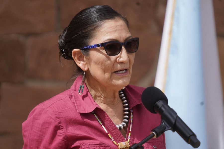 U.S. Interior Secretary Deb Haaland speaks during a news conference following a visit to Bears Ears National Monument Thursday, April 8, 2021, in Blanding, Utah. 