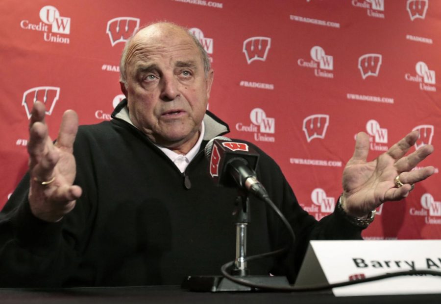 Wisconsin athletic director Barry Alvarez speaks during a press conference on Dec. 10, 2014, in the UW Field House media room near Camp Randall Stadium in Madison.