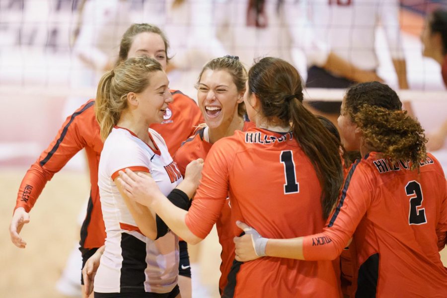 WKU celebrates winning the second round of the NCAA Tournament after taking down No. 15 Washington State in five sets on April 15, 2021. 