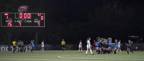 WKU celebrates the game winning goal by Katie Erwin (13) after the game against Charlotte on Friday, April 9, 2021.