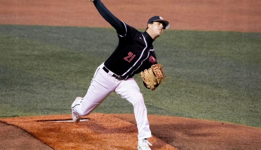 WKU+redshirt+sophomore+pitcher+Jake+Kates+%2821%29+delivers+a+pitch+during+their+game+against+North+Dakota+State+on+Sunday%2C+February+21%2C+2021+in+Bowling+Green%2C+Ky.