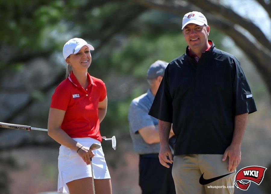 Graduate Mary Joiner (left) and head coach Adam Gary (right) at the Indian Hills Country Club on April 5, 2021 during the dual match against Austin Peay. 