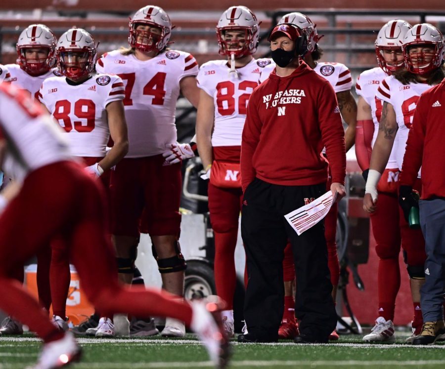Nebraska+coach+Scott+Frost+and+Husker+players+watch+from+the+sidelines+during+the+teams+game+against+Rutgers+on+Dec.+18+in+Piscataway%2C+N.J.%C2%A0