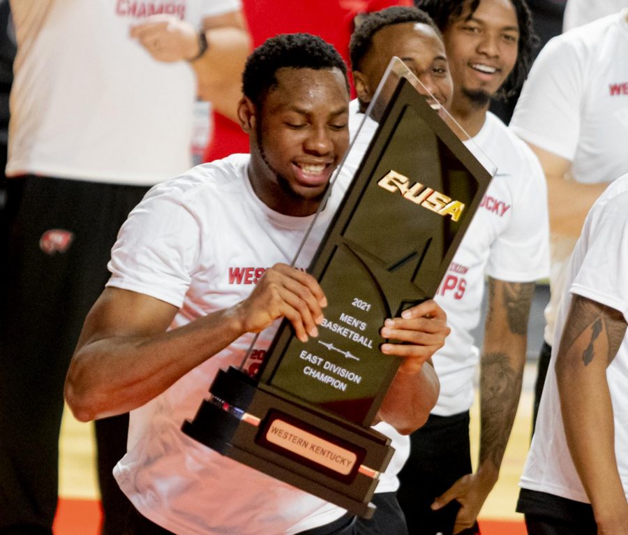 WKU Junior center, Charles Bassey (23) celebrates the Conference USA Regular season Championship game against Old Dominion on Saturday, March 6, 2021 in Diddle Arena. 