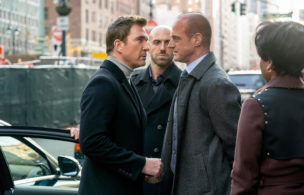 LAW & ORDER: ORGANIZED CRIME -- Not Your Fathers Organized Crime Episode 102 -- Pictured: (l-r) Dylan McDermott as Richard Wheatley, Ibrahim Renno as Izak Bekher, Christopher Meloni as Detective Elliot Stabler, Danielle Moné Truitt as Sergeant Ayanna Bell -- (Photo by: Virginia Sherwood/NBC)