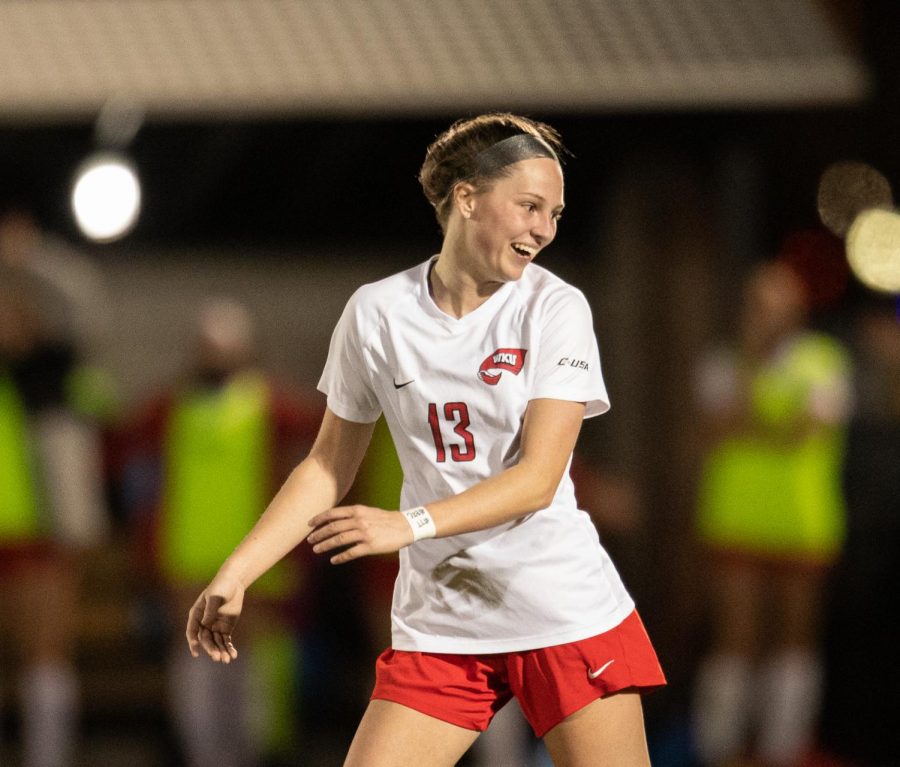 WKU women’s soccer player Katie Erwin (13) shows off a big smile as WKU would go on to beat FIU women’s soccer four to three during their game on March 4, 2021.