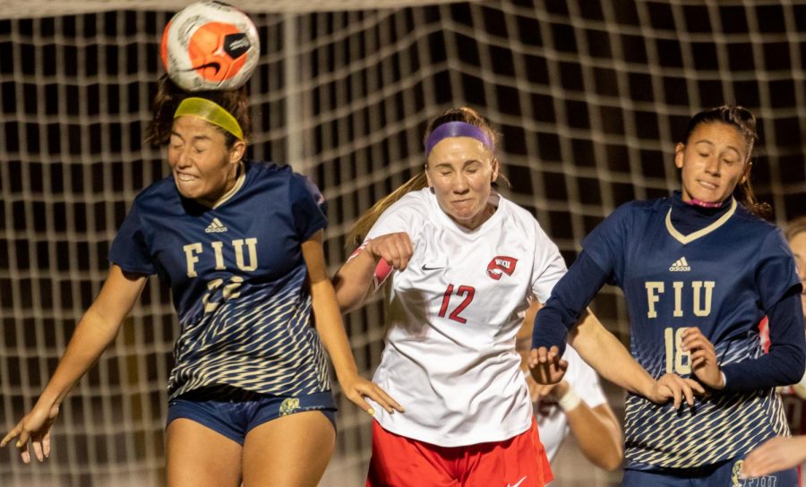 Senior captain Avery Jacobsen prepares for a header against FIU on March 4, 2021. WKU went on to defeat the Panthers 4-3. 