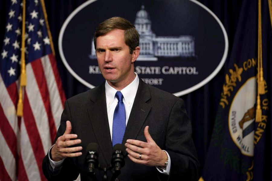 Kentucky Democratic Gov. Andy Beshear speaks to the press at the Capitol in Frankfort, Ky., Wednesday, Feb. 19, 2020.