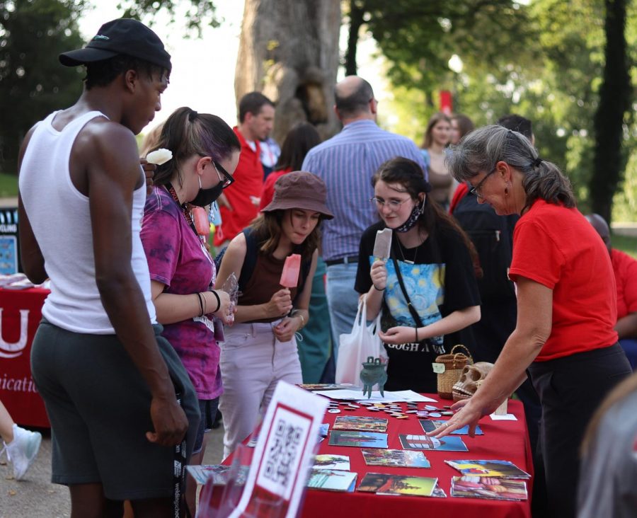Head of the Anthropology Department, Darlene Applegate, talks to students about the department at the PCAL Welcome Back bash at Cherry Hall on Monday, Aug. 23, 2021.