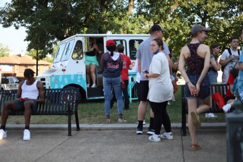 Students line up at PopWorks ice cream truck for popsicles at the PCAL Welcome Back Bash on Monday, Aug. 23. 