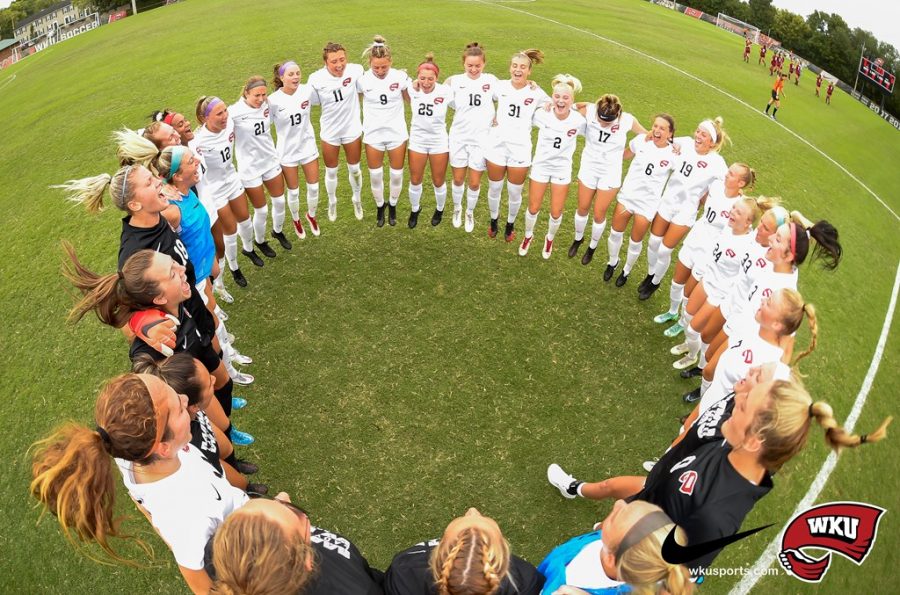 The WKU soccer team during a match against the Bellarmine Knights on August 15, 2021 at WKU Soccer Complex in Bowling Green, KY