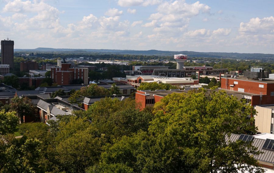 The view from an upper floor of Cravens Library on Sept. 29, 2021