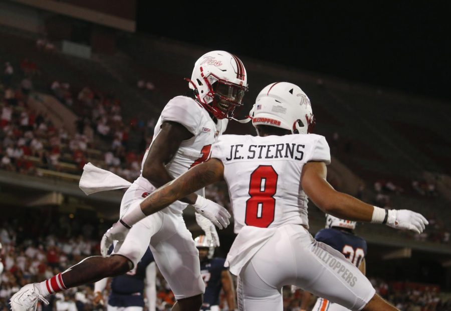 WKU wide receiver Jerreth Sterns (8) celebrates after scoring a touchdown during the Hilltoppers season-opening 59-21 win over UT Martin on Sept. 2, 2021.