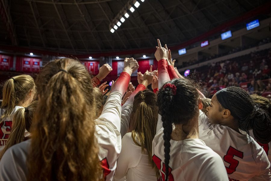 WKU Hilltoppers break before their volleyball game against the Ole Miss Rebels on the evening of Sept. 10, 2021, at Diddle Arena. WKU lost 3-1.