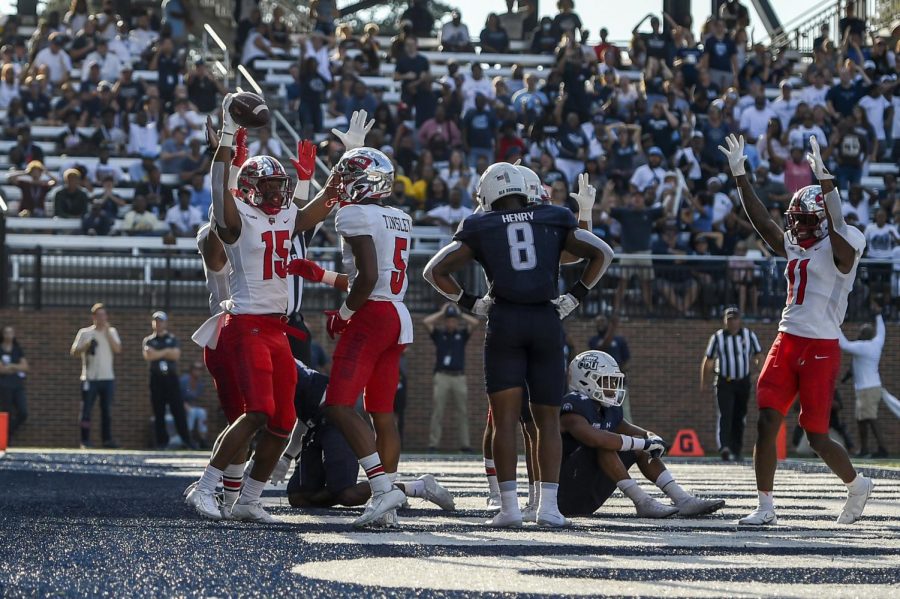 WKU freshman wide receiver Dakota Thomas (15) celebrates in the end zone after catching his first-ever collegiate touchdown against the ODU Monarchs on Oct. 16, 2021. WKU went on to win 43-20.
