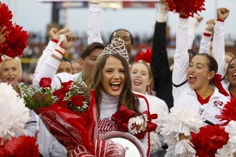 2021 WKU homecoming queen Abbey Norvell celebrates with teammates after being crowed homecoming queen during halftime at the 2021 homecoming game.