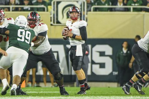 WKU quarterback Bailey Zappe (4) went 46-of-64 for 488 yards and three touchdowns but the Hilltoppers fell to No. 17 Michigan State 48-31 on Oct. 2, 2021 in East Lansing, Michigan.