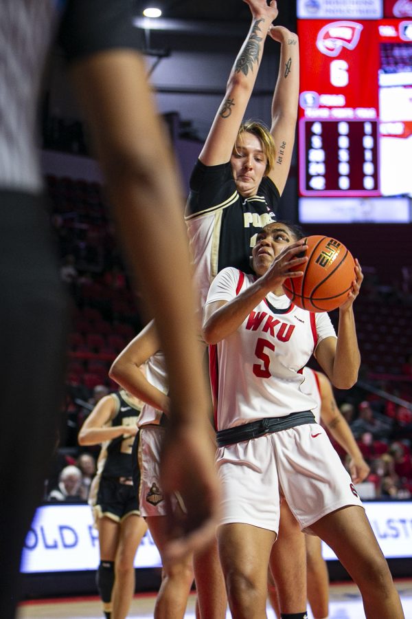 WKU Lady Hilltoppers’ freshman guard Mya Meredith (5) attempts a layup against the Purdue Boilermakers in Diddle Arena during their opening conference match on Wednesday evening, Nov. 10 of 2021. Western lost the match 79-69.