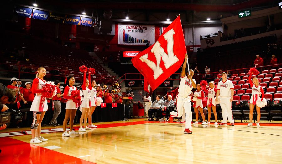 WKU+Cheerleaders+lead+the+Women%E2%80%99s+Basketball+Team+out+of+the+tunnel+before+their+match+up+against+the+Purdue+University+Boilermakers+in+Diddle+Arena+on+Nov.+10%2C+2021.