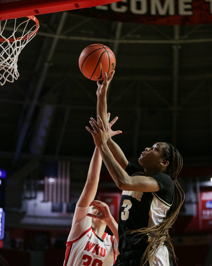 Purdue Boilermakers’ freshman guard Jayla Smith (3) leaps for a two-pointer against the WKU Lady Hilltoppers in Diddle Arena on Wednesday evening, Nov. 10 of 2021. Western lost the match 79-69.