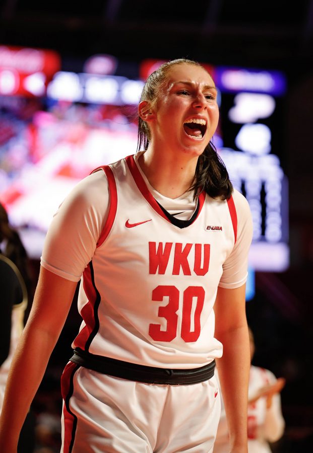 Lady Toppers’ sophomore guard Selma Kulo (30) shouts in excitement about a call made against a Purdue University Boilermaker during their matchup in Diddle Arena on Nov. 10, 2021.