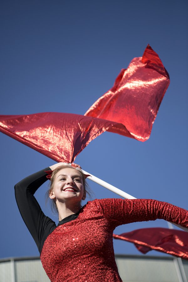 WKU Colorguard member Natalie Noltkamper runs drills with her team before WKU Hilltoppers’ Saturday afternoon match against the MTSU Blue Raiders in the Houchens Industries L.T. Smith Stadium. Western blew out the Raiders 48-21, with 7 turnovers to WKU Nov. 6, 2021.