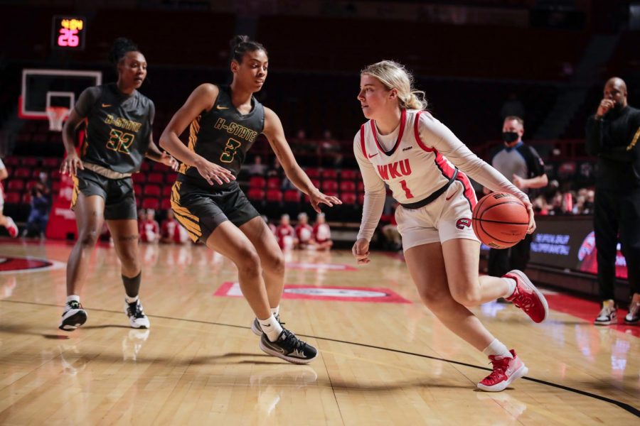 Lady Topper sophomore guard Hope Sivori makes a cut to the paint during WKUs 96-59 victory over Kentucky State at Diddle Arena on Nov. 21, 2021.