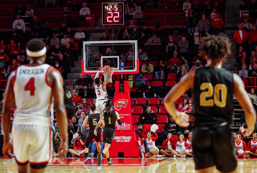 WKU+senior+forward+Jairus+Hamilton+dunks+the+basketball+with+42.5+seconds+left+in+their+game+against+the+Alabama+State+University+Hornets+in+Diddle+Arena+on+Nov.+9%2C+2021.
