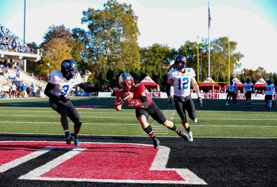 WKU Hilltoppers freshman wide receiver Josh Sterns (9) nearly catches a touchdown pass during the Saturday game against MTSU at Feix Field on November 6, 2021.