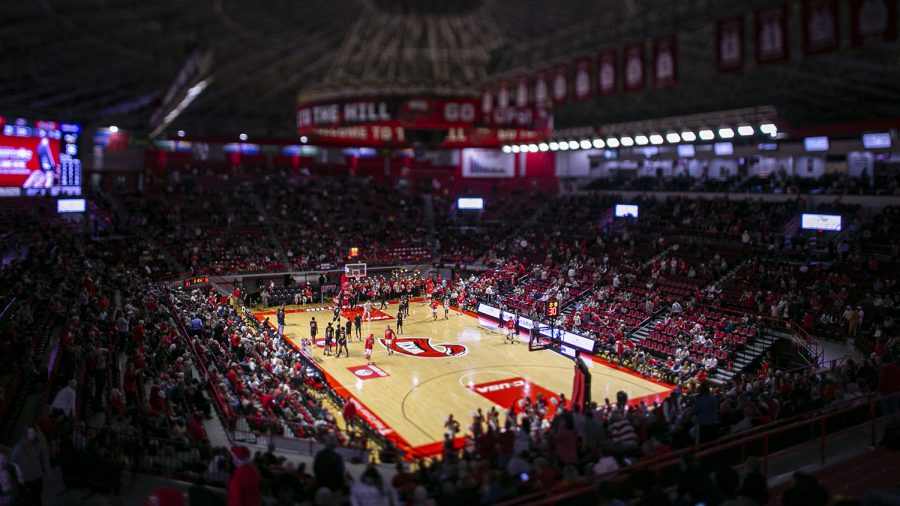 WKU Hilltoppers hold shooting practice at the half during their first conference match of the season, a nail-biter victory 79-74 against the ASU Hornets, in Diddle Arena on Tuesday evening, Nov. 9 of 2021.
