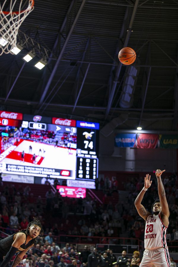 WKU Hilltoppers’ sophomore guard Dayvion McKnight (20) takes a free-throw with seconds on the clock during a nail biter match in Diddle Arena on Tuesday evening, Nov. 9 of 2021 against the ASU Hornets. The Hilltoppers won the match, their first of the conference season, 79-74.